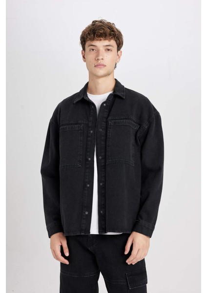 %100 Pamuk Oversize Geniş Kalıp Jean Uzun Kollu Basic Düz Gömlek D5111AX24AU