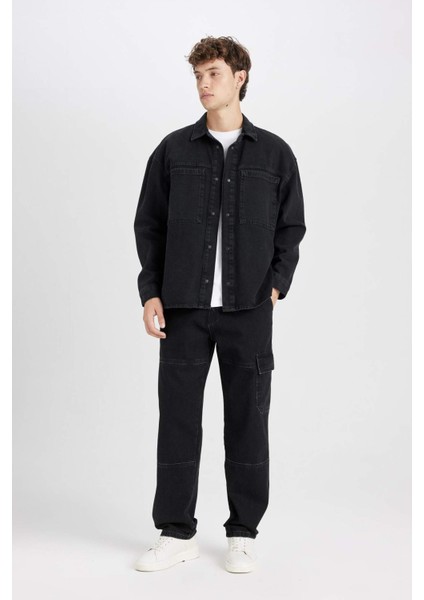 %100 Pamuk Oversize Geniş Kalıp Jean Uzun Kollu Basic Düz Gömlek D5111AX24AU