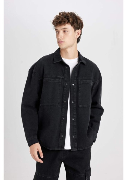 %100 Pamuk Oversize Geniş Kalıp Jean Uzun Kollu Basic Düz Gömlek D5111AX24AU