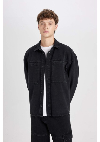 %100 Pamuk Oversize Geniş Kalıp Jean Uzun Kollu Basic Düz Gömlek D5111AX24AU