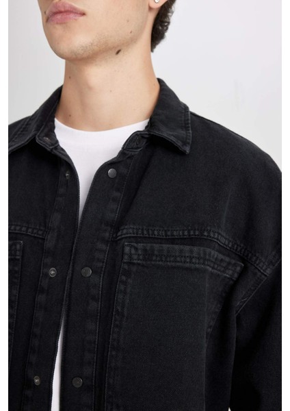 %100 Pamuk Oversize Geniş Kalıp Jean Uzun Kollu Basic Düz Gömlek D5111AX24AU