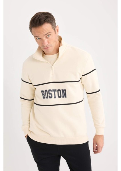 Relax Fit Dik Yaka Fermuarlı Baskılı Kalın Sweatshirt D4714AX24AU