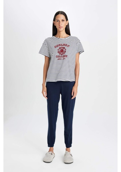 Pijama Takım Çizgili Baskılı Kısa Kollu Üst Basic Düz Beli Lastikli Alt-Fall in Love C5125AX24AU