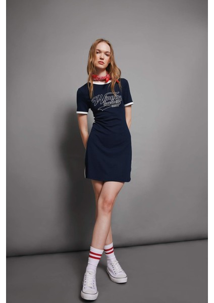 Coool Bodycon Vücuda Oturan Bisiklet Yaka Baskılı Fitilli Kaşkorse Kısa Kollu Mini Siyah Elbise