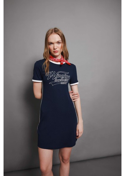 Coool Bodycon Vücuda Oturan Bisiklet Yaka Baskılı Fitilli Kaşkorse Kısa Kollu Mini Siyah Elbise