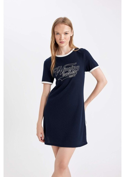 Coool Bodycon Vücuda Oturan Bisiklet Yaka Baskılı Fitilli Kaşkorse Kısa Kollu Mini Siyah Elbise