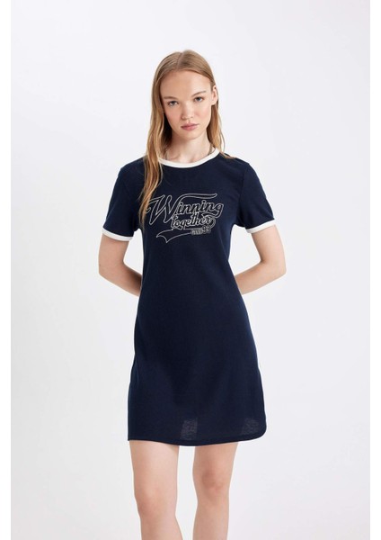 Coool Bodycon Vücuda Oturan Bisiklet Yaka Baskılı Fitilli Kaşkorse Kısa Kollu Mini Siyah Elbise