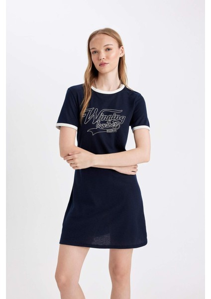 Coool Bodycon Vücuda Oturan Bisiklet Yaka Baskılı Fitilli Kaşkorse Kısa Kollu Mini Siyah Elbise