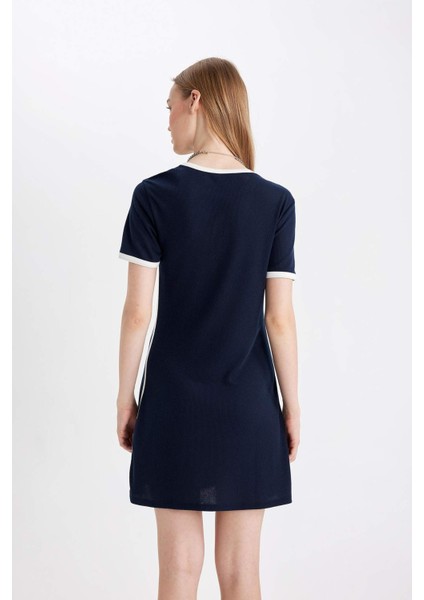 Coool Bodycon Vücuda Oturan Bisiklet Yaka Baskılı Fitilli Kaşkorse Kısa Kollu Mini Siyah Elbise