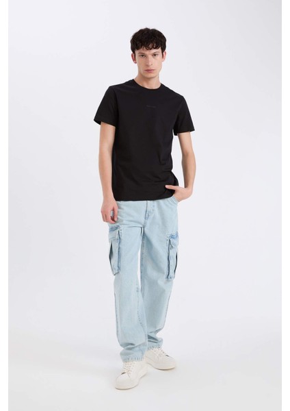 %100 Pamuk Slim Fit Dar Kesim Bisiklet Yaka Baskılı Kısa Kollu Tişört D5566AX25SP