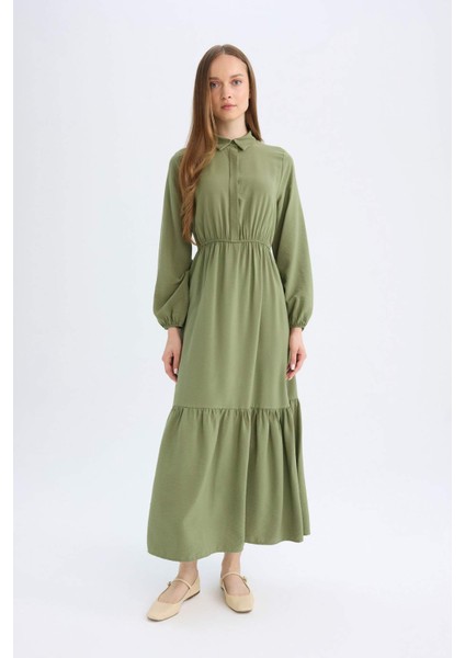 Gömlek Yaka Basic Düz Düğmeli Beli Büzgülü Uzun Kollu Maxi Elbise D5851AX24AU