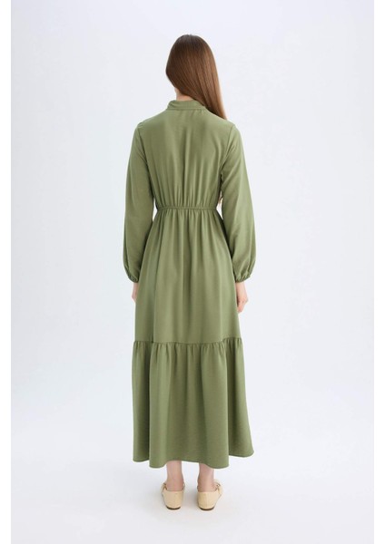 Gömlek Yaka Basic Düz Düğmeli Beli Büzgülü Uzun Kollu Maxi Elbise D5851AX24AU