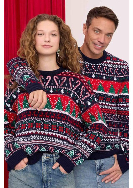 Standart Fit Yılbaşı Temalı Bisiklet Yaka Triko Kazak D5485AX24WN