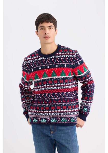 Standart Fit Yılbaşı Temalı Bisiklet Yaka Triko Kazak D5485AX24WN