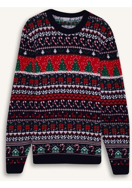 Standart Fit Yılbaşı Temalı Bisiklet Yaka Triko Kazak D5485AX24WN