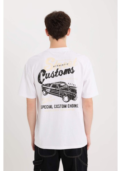 %100 Pamuk Boxy Fit Bisiklet Yaka Sırt Baskılı Kısa Kollu Tişört D5584AX25SP