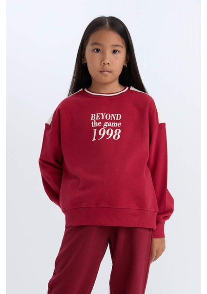 Kız Çocuk Relax Fit Bisiklet Yaka Baskılı İçi Yumuşak Tüylü Okul Sweatshirt D4274A824WN