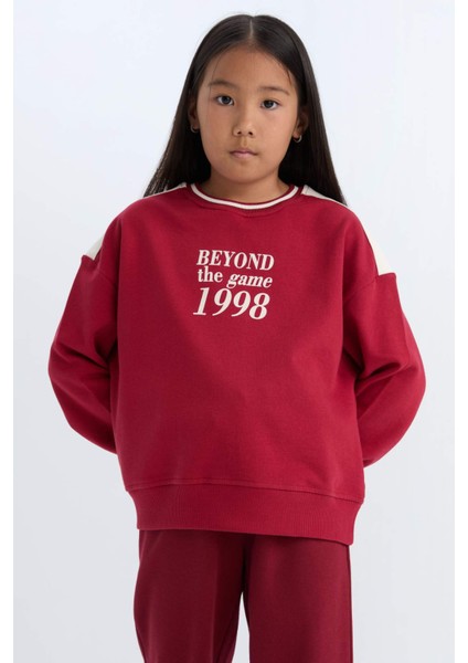 Kız Çocuk Relax Fit Bisiklet Yaka Baskılı İçi Yumuşak Tüylü Okul Sweatshirt D4274A824WN