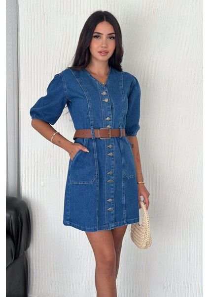 Kadın Düğmeli Denim Elbise – Deri Kemerli & Modern Kesim