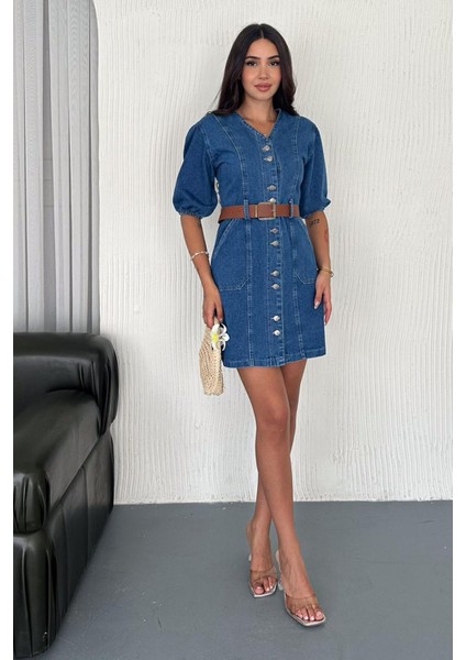 Kadın Düğmeli Denim Elbise – Deri Kemerli & Modern Kesim fiyatları