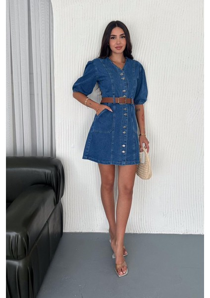 Kadın Düğmeli Denim Elbise – Deri Kemerli & Modern Kesim modelleri