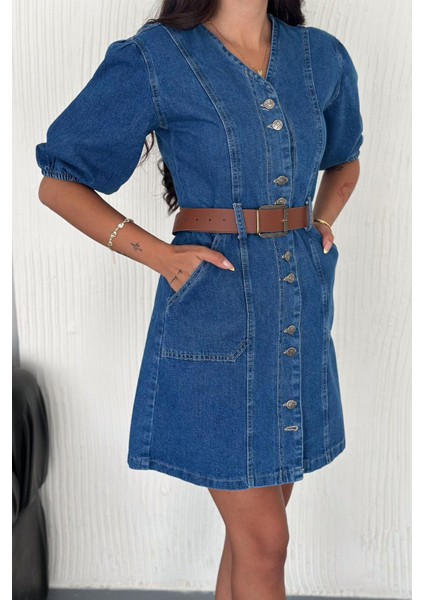 Kadın Düğmeli Denim Elbise – Deri Kemerli & Modern Kesim fırsatları