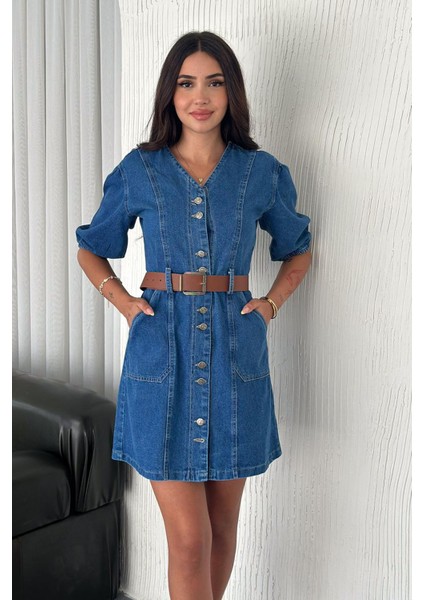 Kadın Düğmeli Denim Elbise – Deri Kemerli & Modern Kesim indirimleri