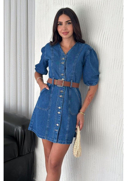 Kadın Düğmeli Denim Elbise – Deri Kemerli & Modern Kesim