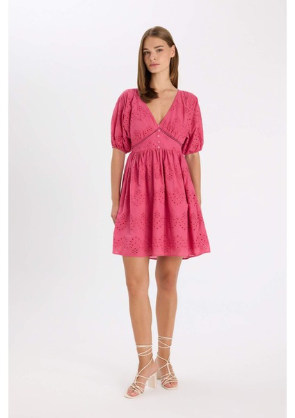 Babydoll Vual Kısa Kollu Brode Mini Abiye Elbise D4402AX24HS