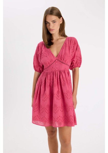 Babydoll Vual Kısa Kollu Brode Mini Abiye Elbise D4402AX24HS