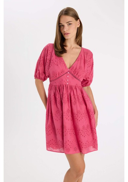 Babydoll Vual Kısa Kollu Brode Mini Abiye Elbise D4402AX24HS