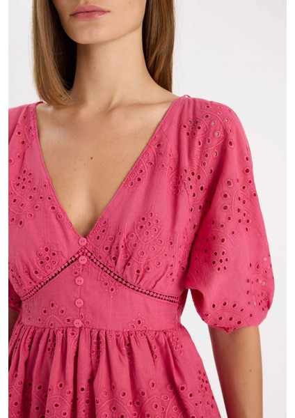 Babydoll Vual Kısa Kollu Brode Mini Abiye Elbise D4402AX24HS