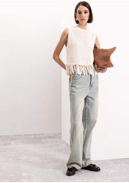 Coool Bisiklet Yaka Basic Düz Püsküllü Triko Süveter D5652AX24AU