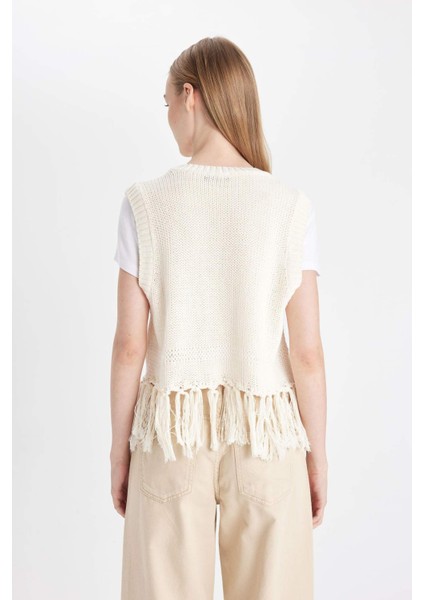 Coool Bisiklet Yaka Basic Düz Püsküllü Triko Süveter D5652AX24AU