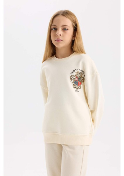 Kız Çocuk Relax Fit Bisiklet Yaka Baskılı İçi Yumuşak Tüylü Okul Sweatshirt D4272A824WN