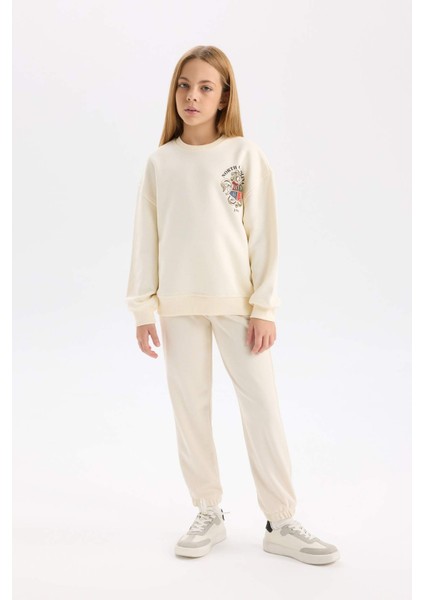 Kız Çocuk Relax Fit Bisiklet Yaka Baskılı İçi Yumuşak Tüylü Okul Sweatshirt D4272A824WN