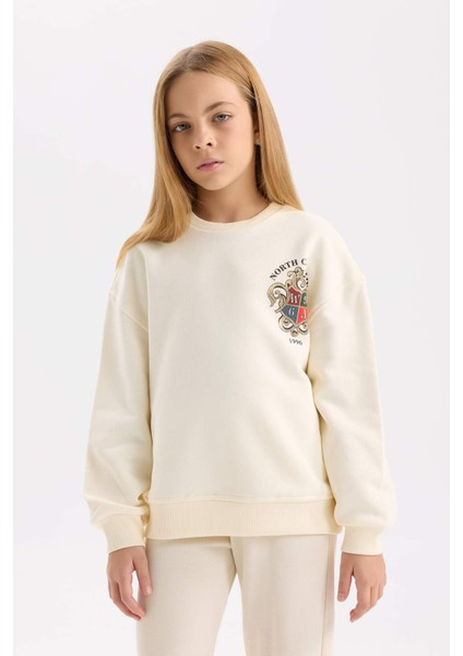 Kız Çocuk Relax Fit Bisiklet Yaka Baskılı İçi Yumuşak Tüylü Okul Sweatshirt D4272A824WN