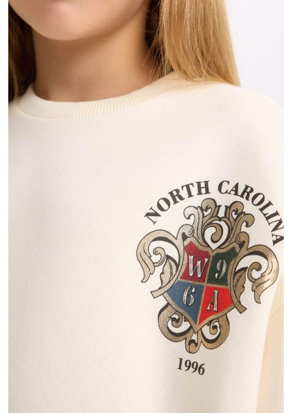 Kız Çocuk Relax Fit Bisiklet Yaka Baskılı İçi Yumuşak Tüylü Okul Sweatshirt D4272A824WN