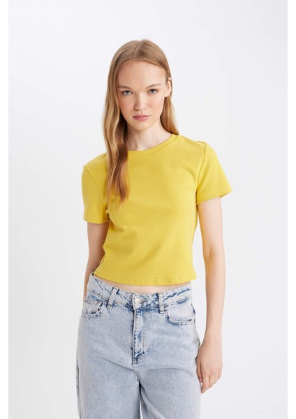 Fitted Bisiklet Yaka Ribana Basic Düz Kısa Kollu Tişört T9631AZ24AU