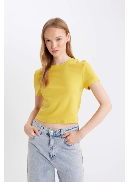 Fitted Bisiklet Yaka Ribana Basic Düz Kısa Kollu Tişört T9631AZ24AU