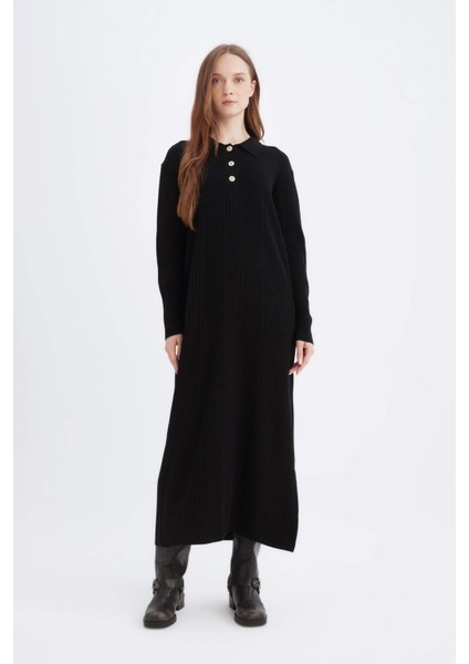 Regular Fit Polo Yaka Basic Düz Maxi Triko Elbise D5434AX24WN