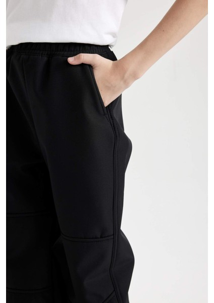 Erkek Çocuk Beli ve Paçası Lastikli Kargo Cepli Pelüş Polar Astarlı Siyah Jogger Pantolon D3460A824WN