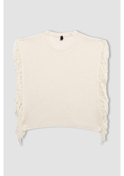 Relax Fit Bisiklet Yaka Basic Düz Selanik Kumaş Püsküllü Triko Süveter D5312AX24AU