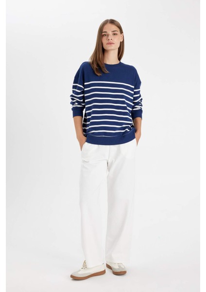 Relax Fit Bisiklet Yaka Çizgili İnce Sweatshirt A9255AX24WN