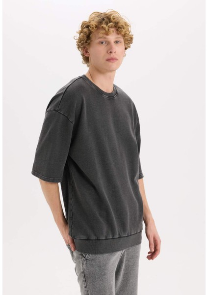 Loose Fit Bisiklet Yaka Yıkamalı Soluk Efektli Kısa Kollu Tişört C0709AX25SP