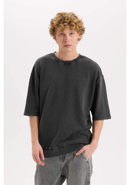 Loose Fit Bisiklet Yaka Yıkamalı Soluk Efektli Kısa Kollu Tişört C0709AX25SP