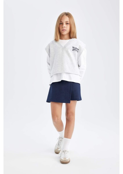 Kız Çocuk 3'lü Takım Baskılı Süveter Uzun Kollu Tişört Basic Düz Şort Etek D2868A824AU