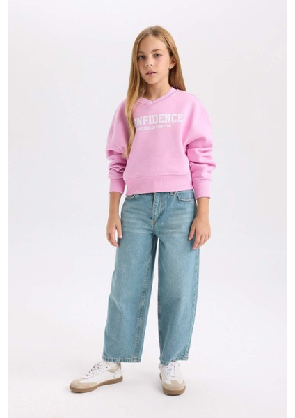 Kız Çocuk V Yaka Baskılı İçi Yumuşak Tüylü Sweatshirt D3496A824WN