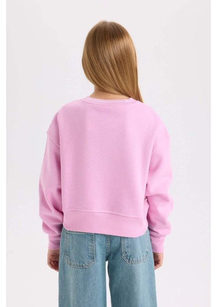 Kız Çocuk V Yaka Baskılı İçi Yumuşak Tüylü Sweatshirt D3496A824WN