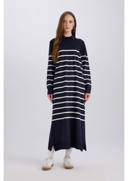 Regular Fit Polo Yaka Çizgili Maxi Triko Elbise A9801AX24WN